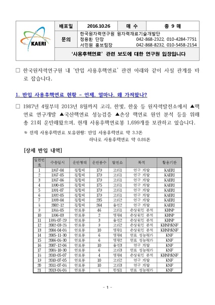 파일:보도자료(161026 사용후핵연료 관련 한국원자력연구원 입장).pdf